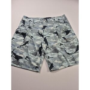 AFTCO Cargo Shorts Mens 40 Gray Camo Fishing Stretch 11" Inseam Lightweight